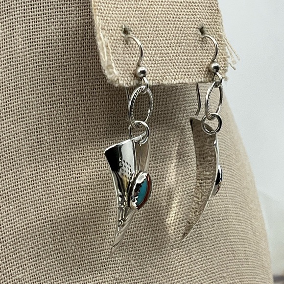 90's Handmade Sterling Silver Sail-Inspired Earrings with Multicolored Inlay - Picture 14 of 17